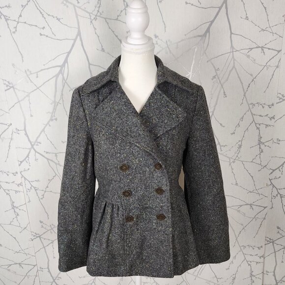 Cynthia Steffe Gray Tweed 100% Wool Double Breasted Peplum Peacoat - Picture 1 of 9